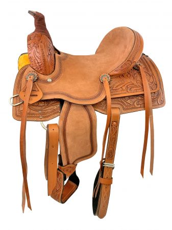 13" Youth Roping Style Western Hard Seat Saddle with floral tooling