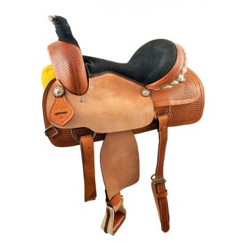 16" Medium Oil Roper Style saddle with rough out fenders & jockeys with basket stamp tooling and black suede seat
