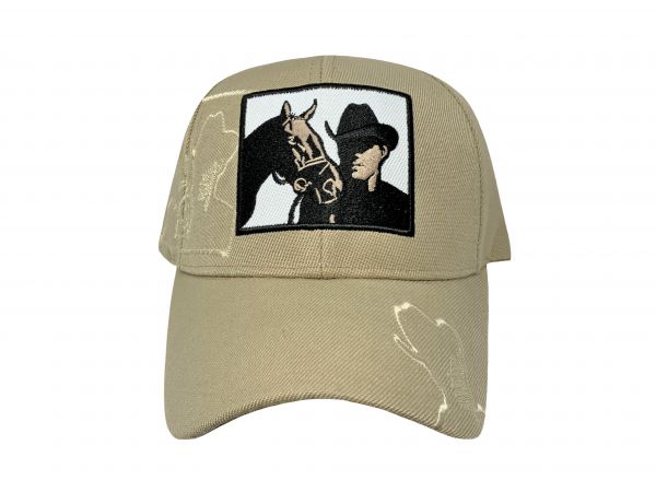 Square Patch Tan Ballcap with Cowboy and Horse, and Cowboy Embroidered on Bill