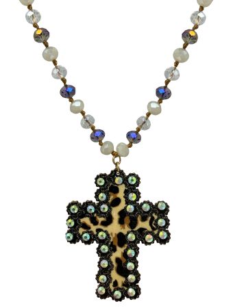 30" Iridescent beaded necklace with cheetah cross