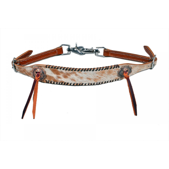 Showman Hair on cowhide Leather wither strap with black rawhide lacing