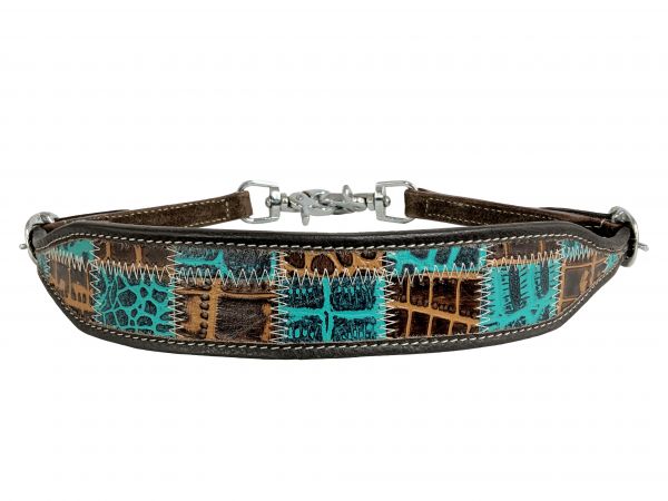 Showman Leather wither strap with teal gator patchwork pattern