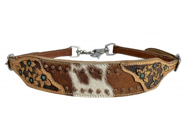 Showman Hair on cowhide Leather wither strap with painted teal accents