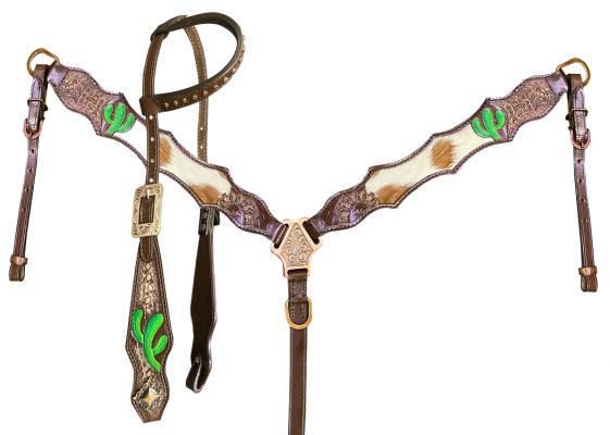 Showman Hair on Cowhide One Ear Leather Headstall and Breast Collar Set with Painted Cactus